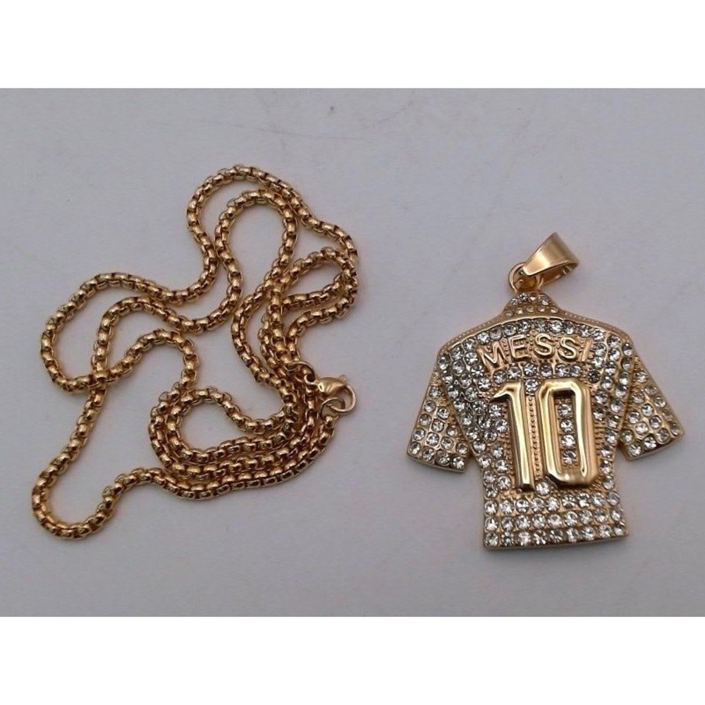 Lionel Messi #10 Soccer Jersey Pendant Necklace – Gold Tone Iced Out Chain,BNIB